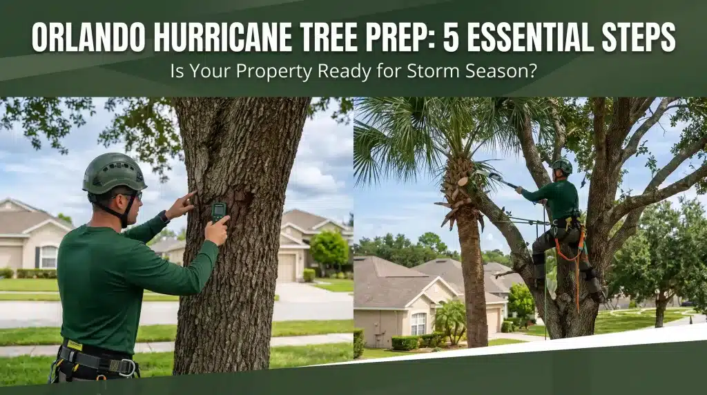 Featured image for Orlando hurricane tree preparation article, showing a structural assessment and professional tree pruning in a suburban neighborhood.